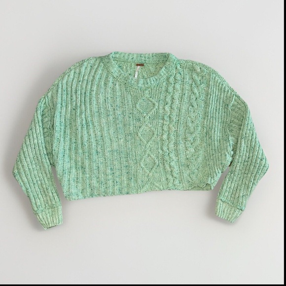 FREE PEOPLE On Your Side Pullover Chunky Knit Mint Green Sweater Women's XS - Picture 2 of 4